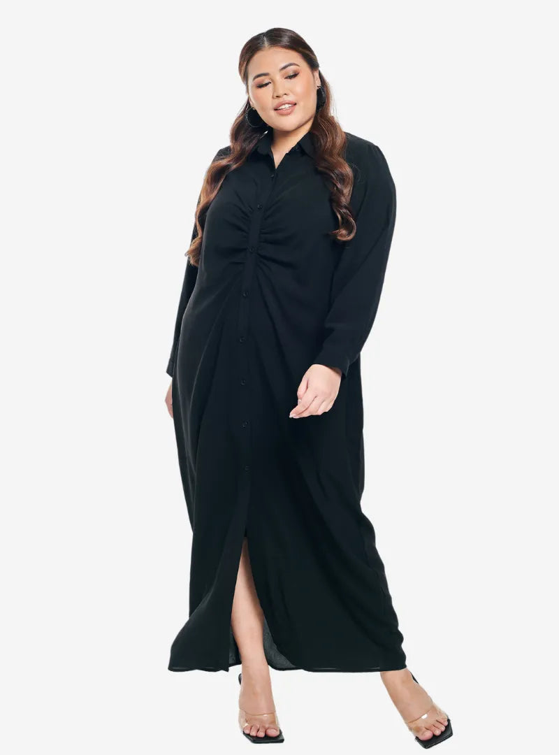 ruched shirt dress black ASOS Design Crew Neck Midaxi T-Shirt Dress with ruched sides in Black