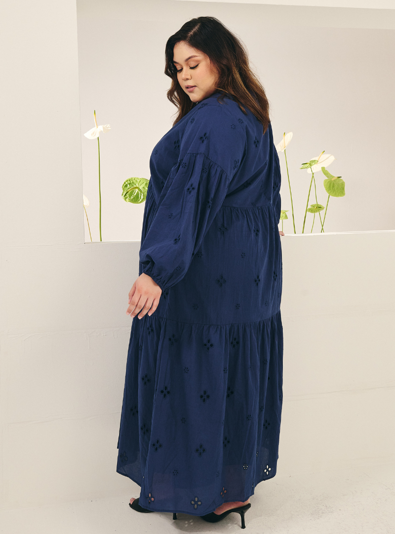 Clara Eyelet Princess Dress - Navy