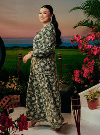 A woman dressed in Army Green Tun Habiba Eyelet Set