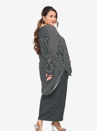 A woman dressed in Black Striped Mandarin Collar Oversized Shirt
