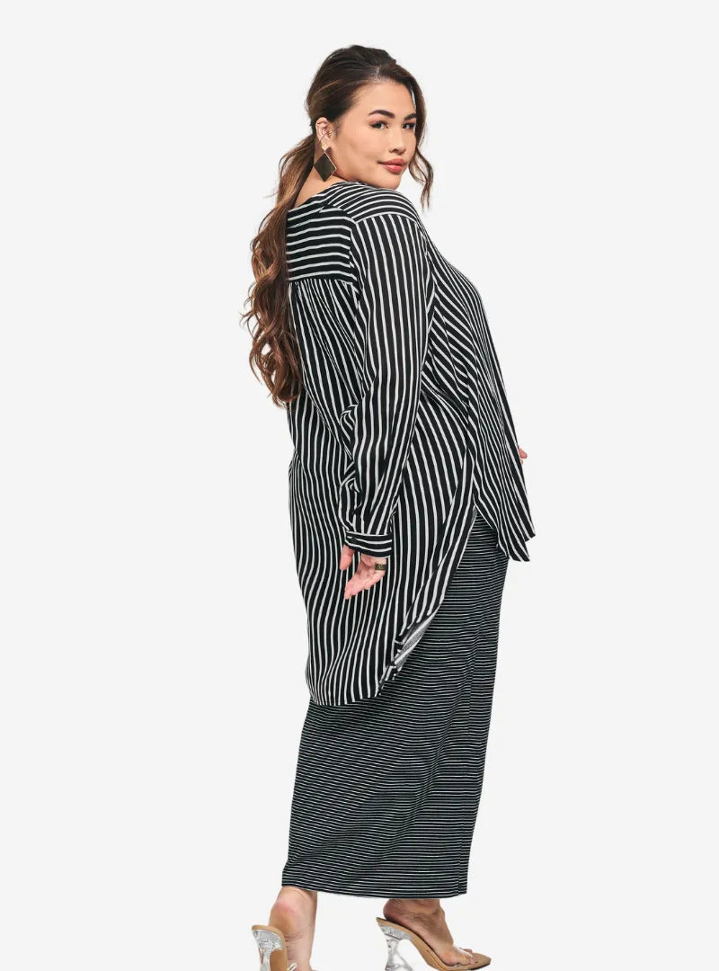 A woman dressed in Black Striped Mandarin Collar Oversized Shirt