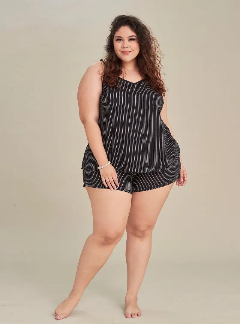 A woman wearing in Black Striped Spaghetti Short
