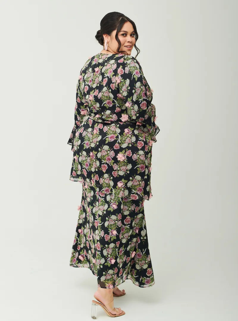 A woman dressed in Black Tun Salma 3D Chiffon Fleur Wrap
