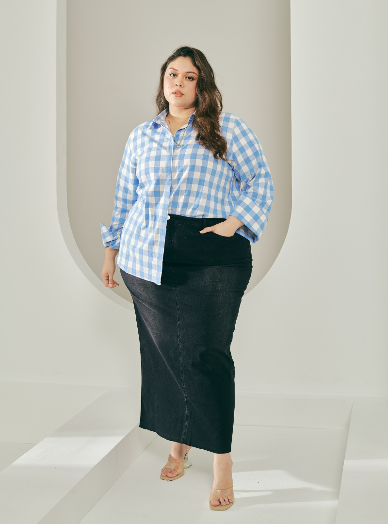 A woman dressed in Blue Jennie Oversized Checked Cotton Shirts