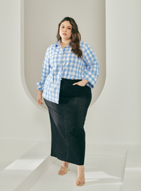 A woman dressed in Blue Jennie Oversized Checked Cotton Shirts