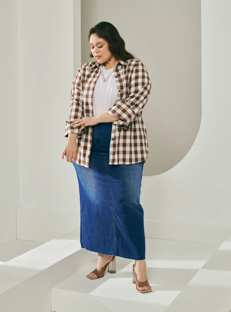 A woman dressed in Brown Jennie Oversized Checked Cotton Shirts