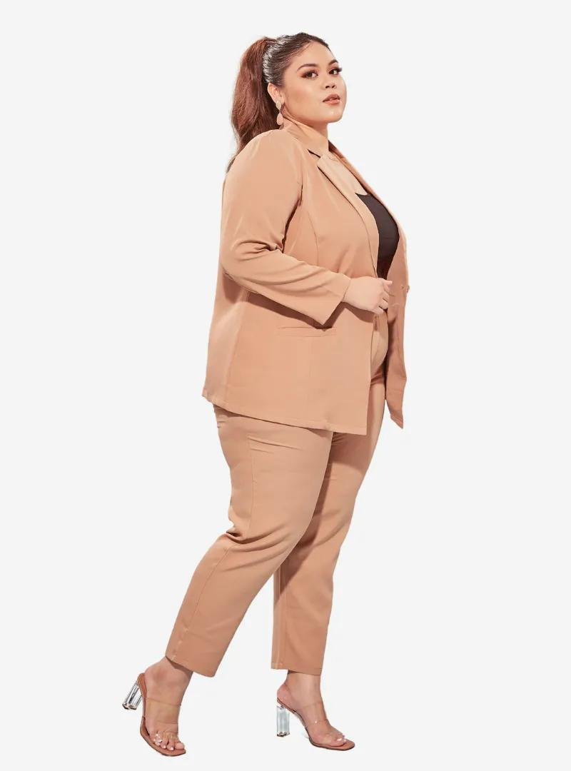 A woman wearing Camel Skinny Tuxedo Trouser
