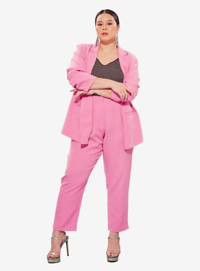 A woman wearing Candy Pink Skinny Tuxedo Trouser