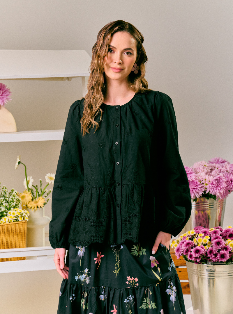 Gabrielle Peplum Button Front Shirt - Black