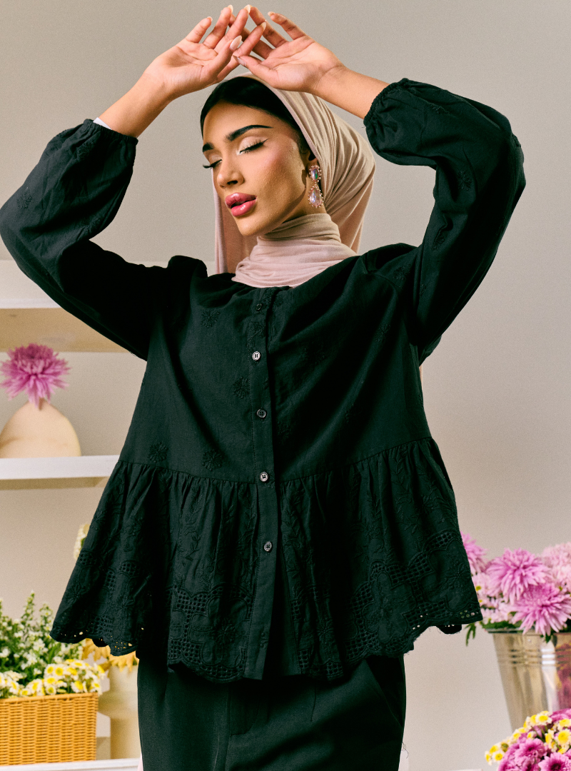 Gabrielle Peplum Button Front Shirt - Black