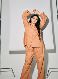 A woman dressed in Cinnamon Oversized Cotton Set