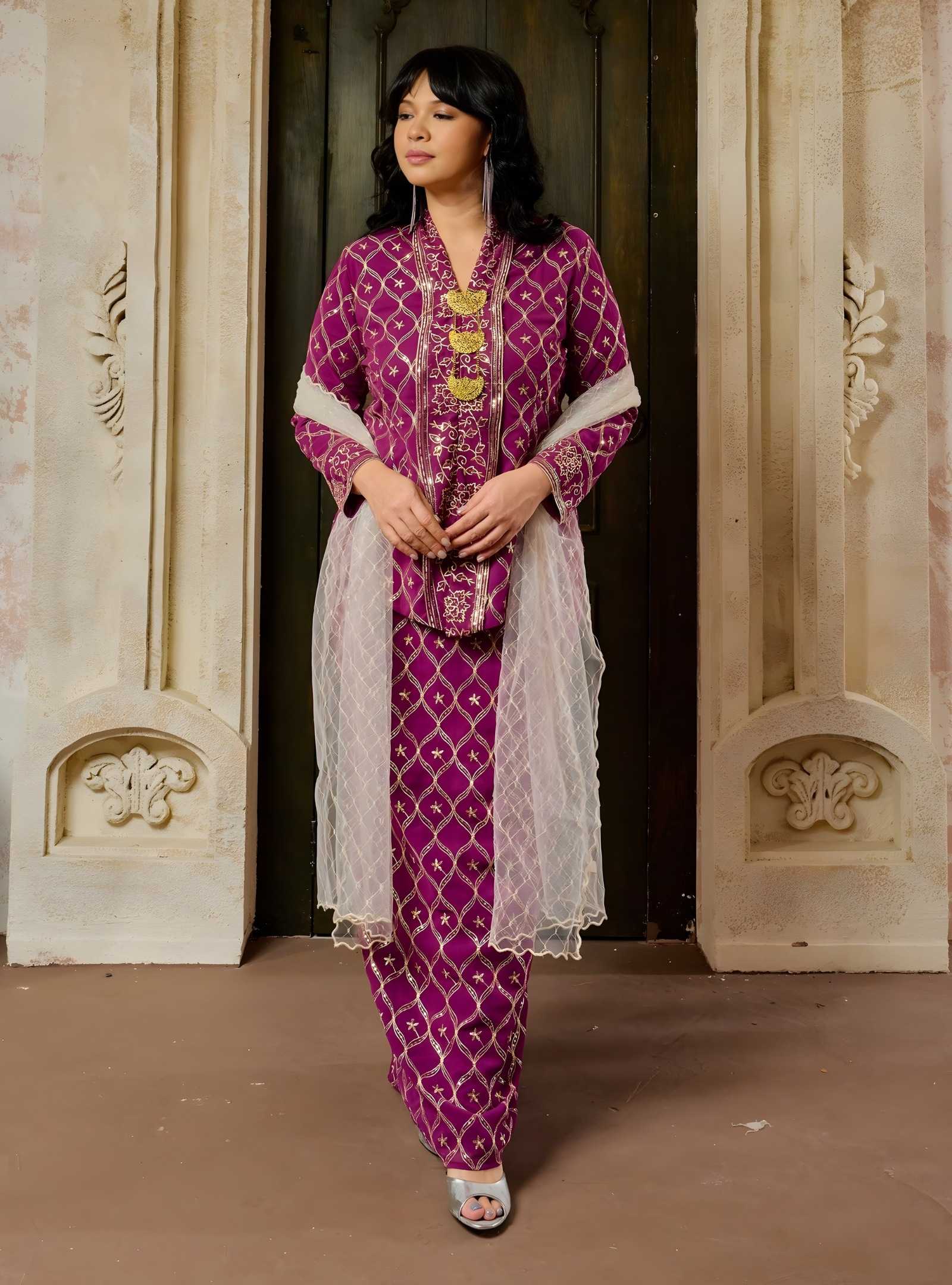 Seri Cempaka Embroidered Kebaya Kurung - Magenta