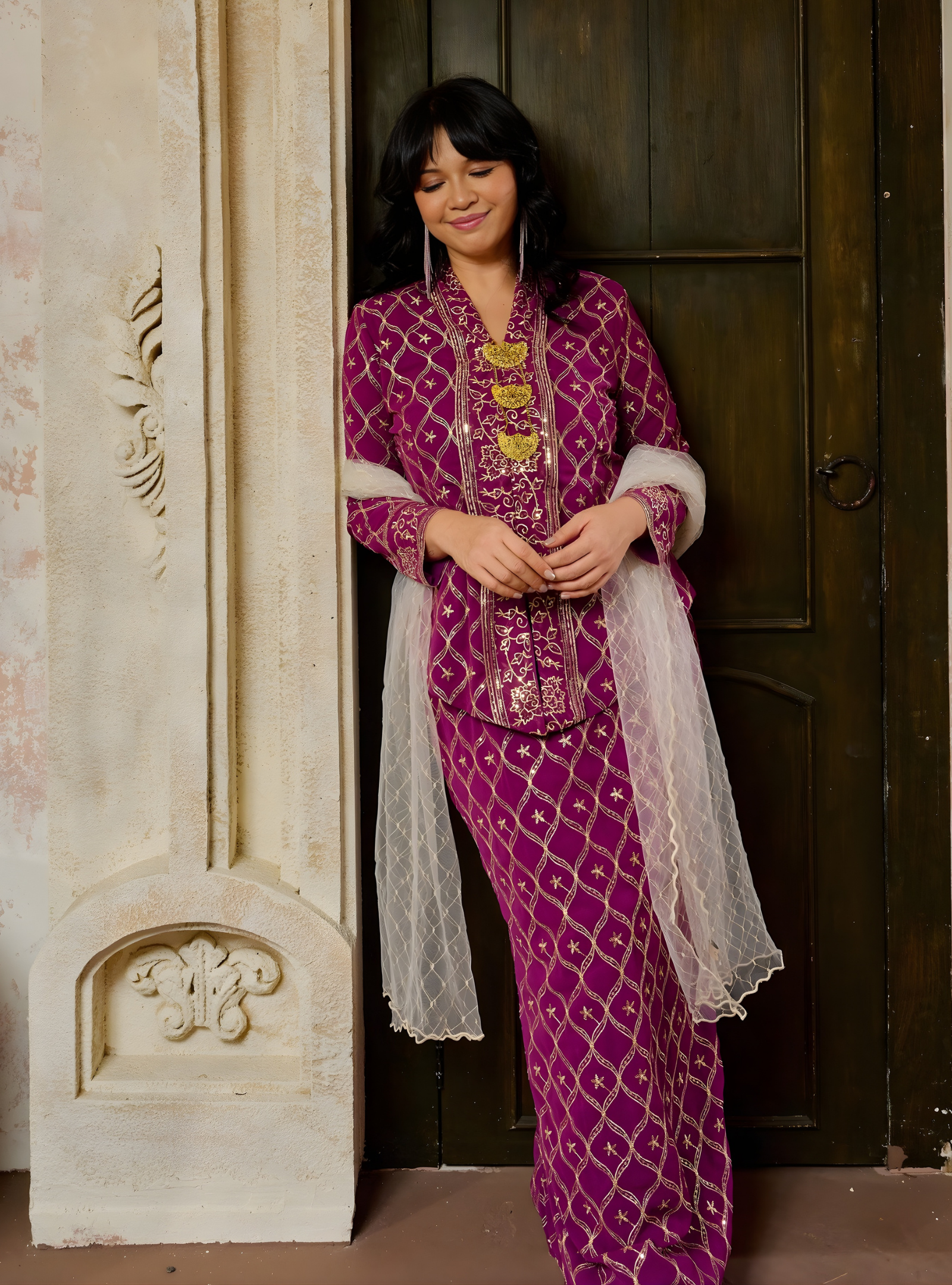 Seri Cempaka Embroidered Kebaya Kurung - Magenta