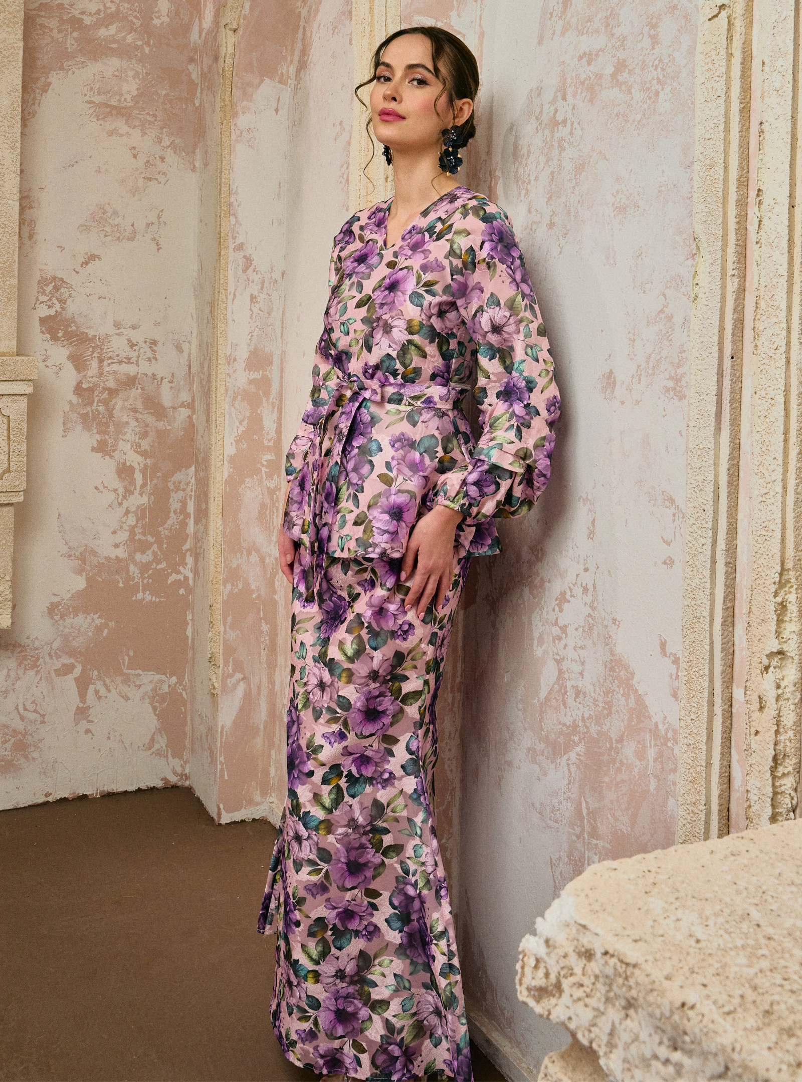 Seri Bunga Peplum Wrap Kurung - Lilac