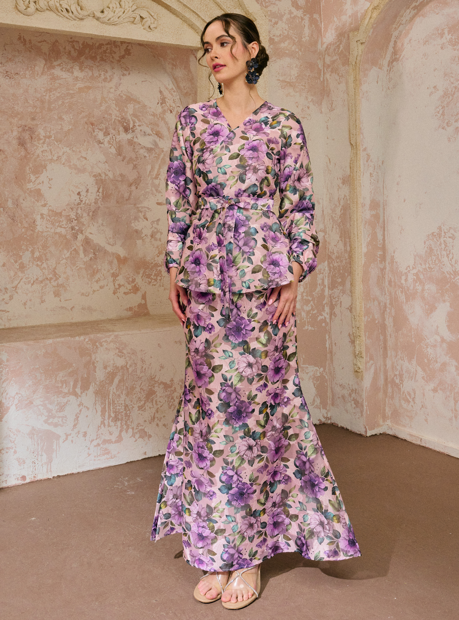 Seri Bunga Peplum Wrap Kurung - Lilac