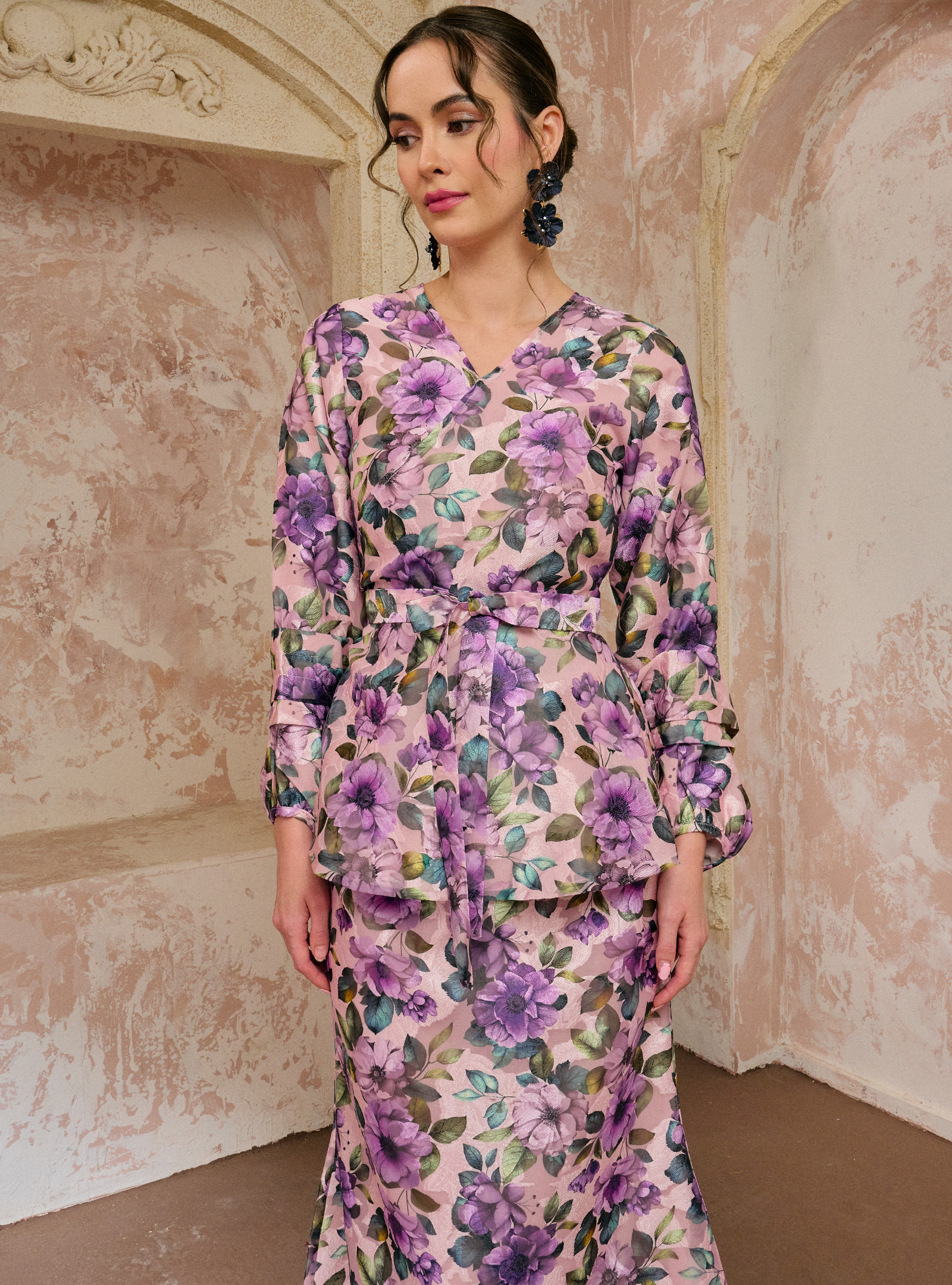 Seri Bunga Peplum Wrap Kurung - Lilac