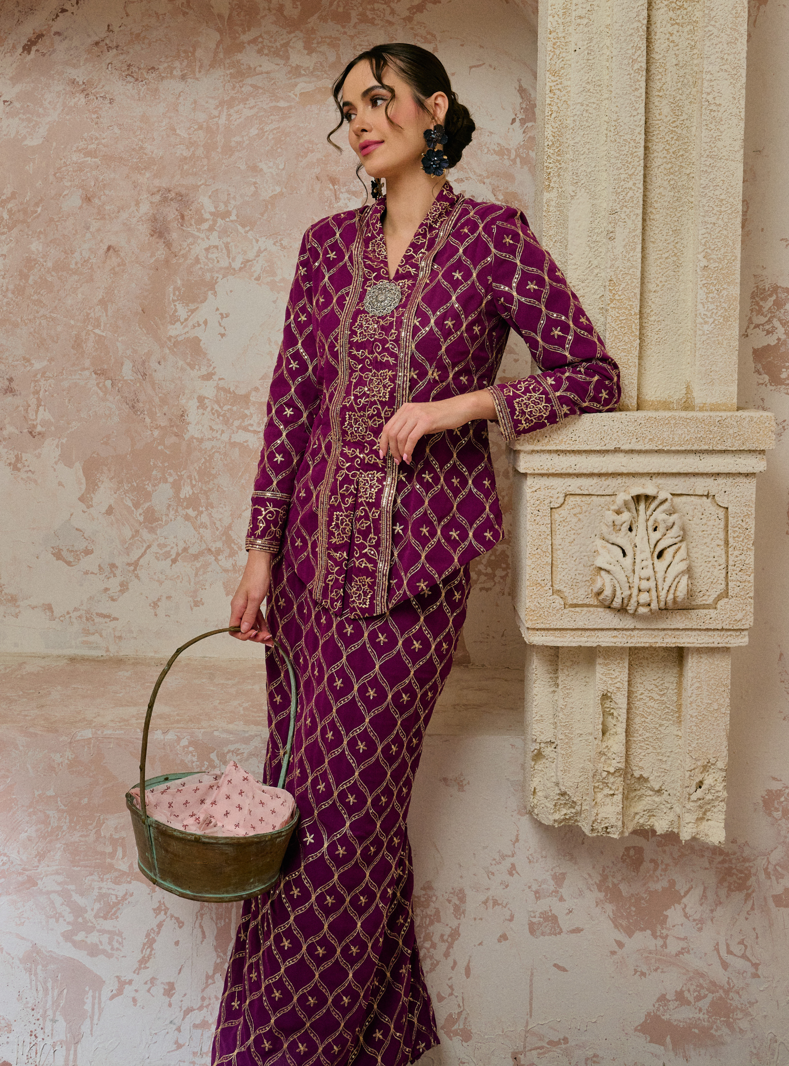 Seri Cempaka Embroidered Kebaya Kurung - Magenta