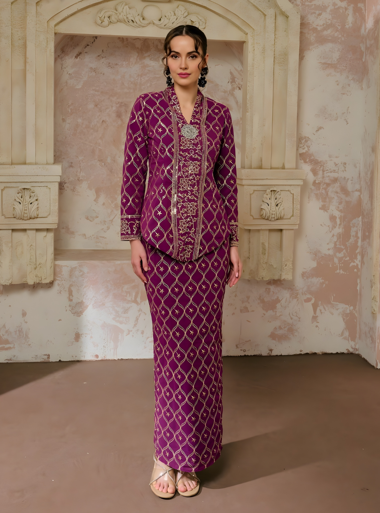 Seri Cempaka Embroidered Kebaya Kurung - Magenta