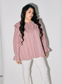 A woman dressed in Dusty Purple Maisara Eyelet Ruffles Top