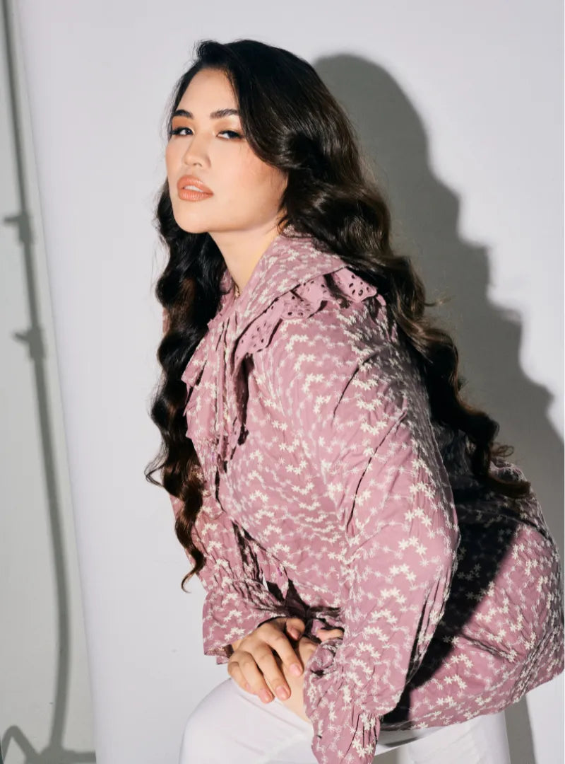 A woman dressed in Dusty Purple Maisara Eyelet Ruffles Top