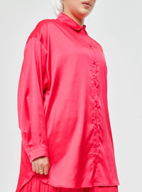 A woman dressed in Hot Pink Dropped Shoulder Satin Shirt