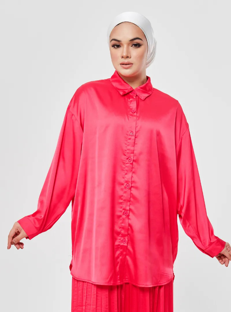 A woman dressed in Hot Pink Dropped Shoulder Satin Shirt