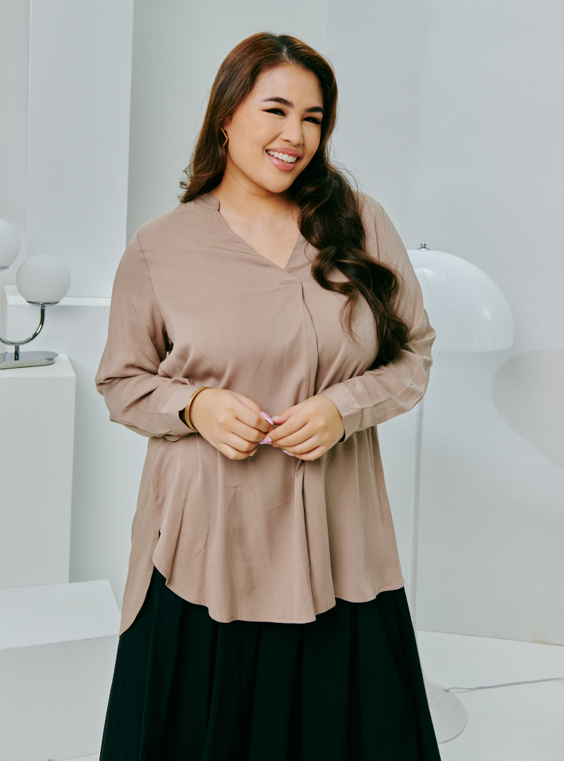 A woman dressed in Latte Mandarin Collar OL Series