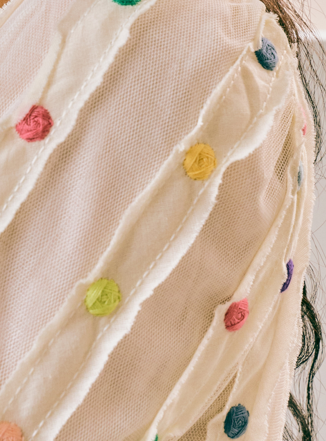 Close-up of a cream-colored sheer mesh fabric with vertical stitched channels and small, colorful embroidered rosettes in pink, yellow, green, blue, and purple.