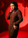 A woman dressed in Maroon Geo Kam Jie Cheongsam Dress