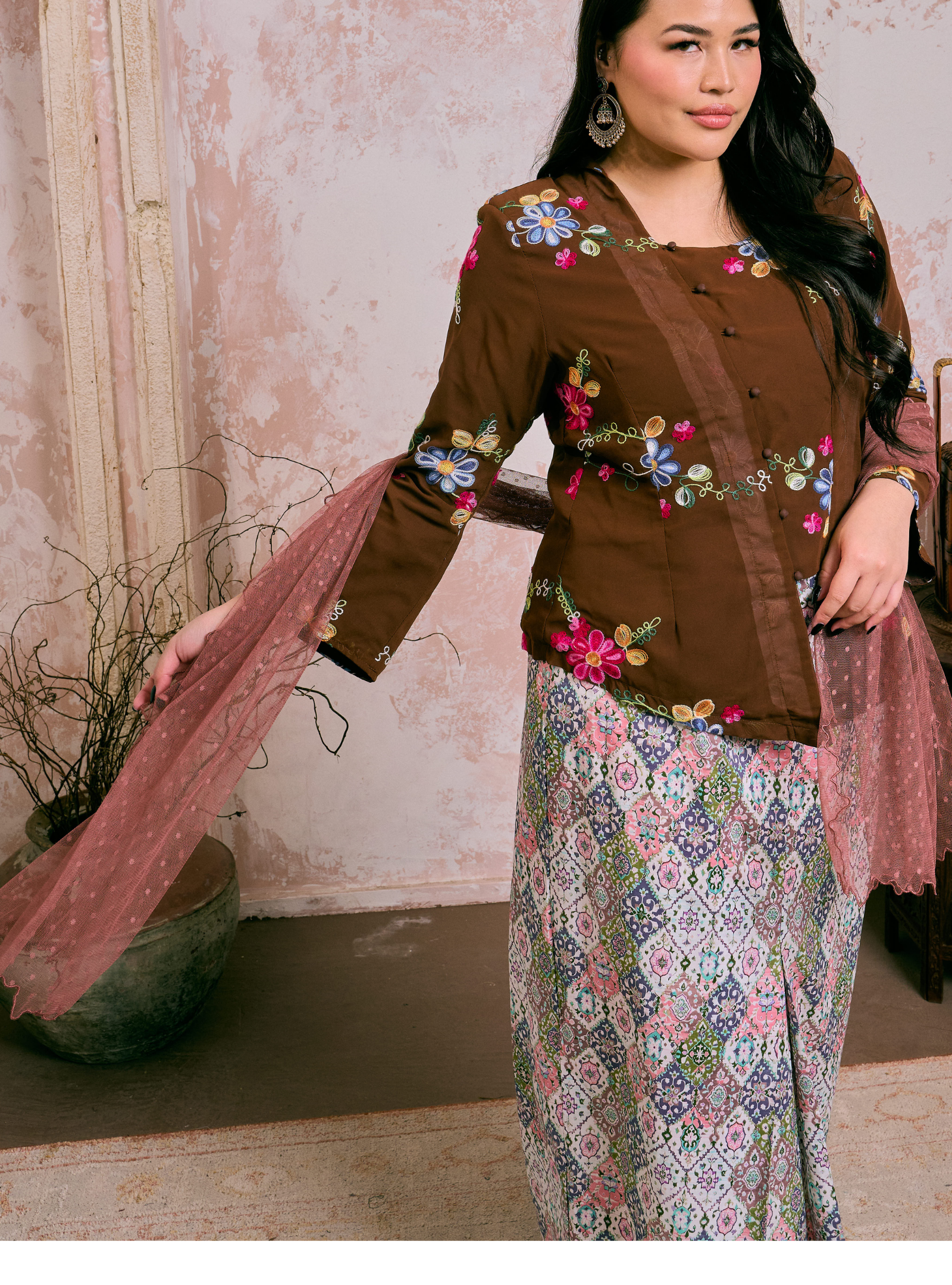 Orked Dotted Lace Selendang - Rosewood