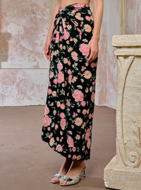 Pario Wrap Skirt - Black Pink Flower
