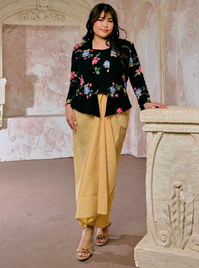 Melly Instant Pario Wrap Skirt Only - Yellow Pink Checked