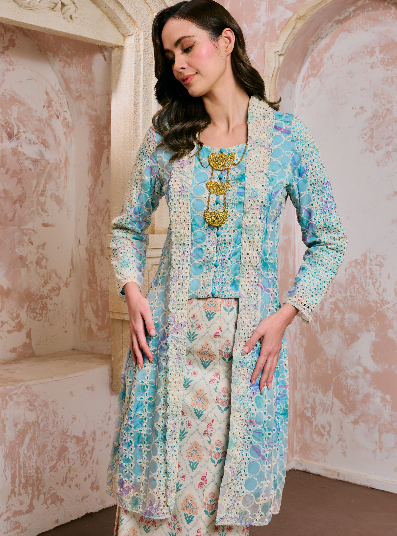 Sulam Ramlah Embrodered Kebarung Top Only - Baby Teal