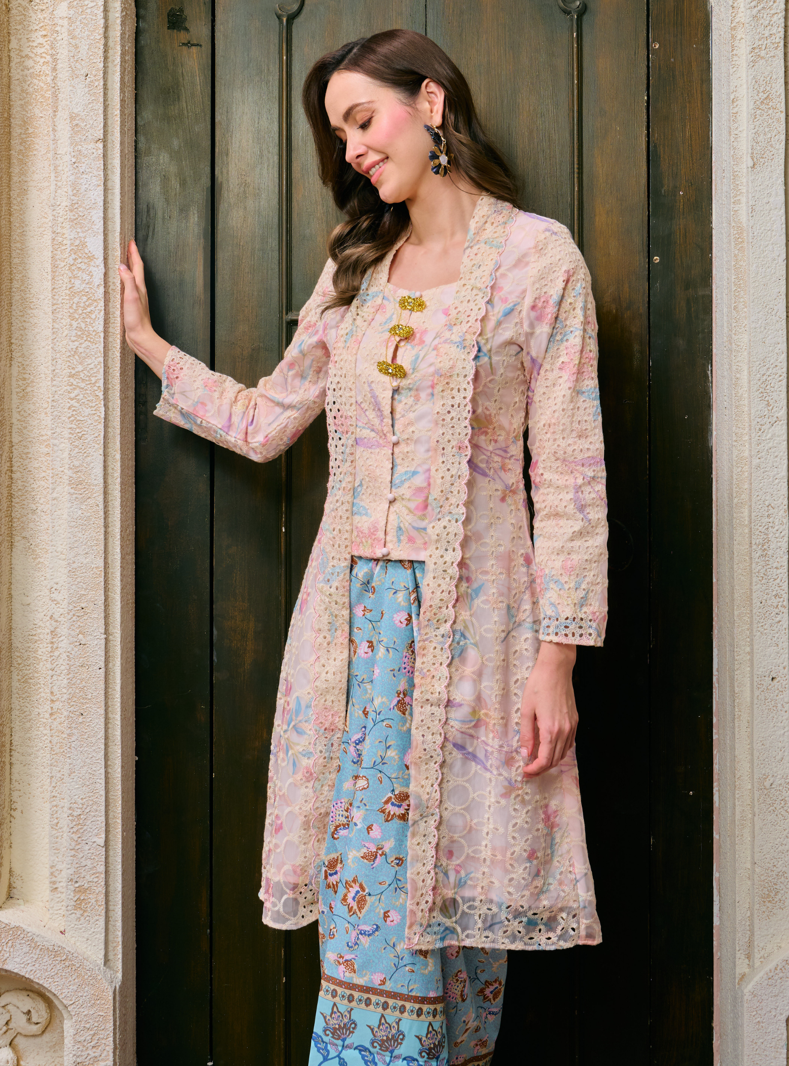 Sulam Ramlah Embrodered Kebarung Top Only - Blue Pink