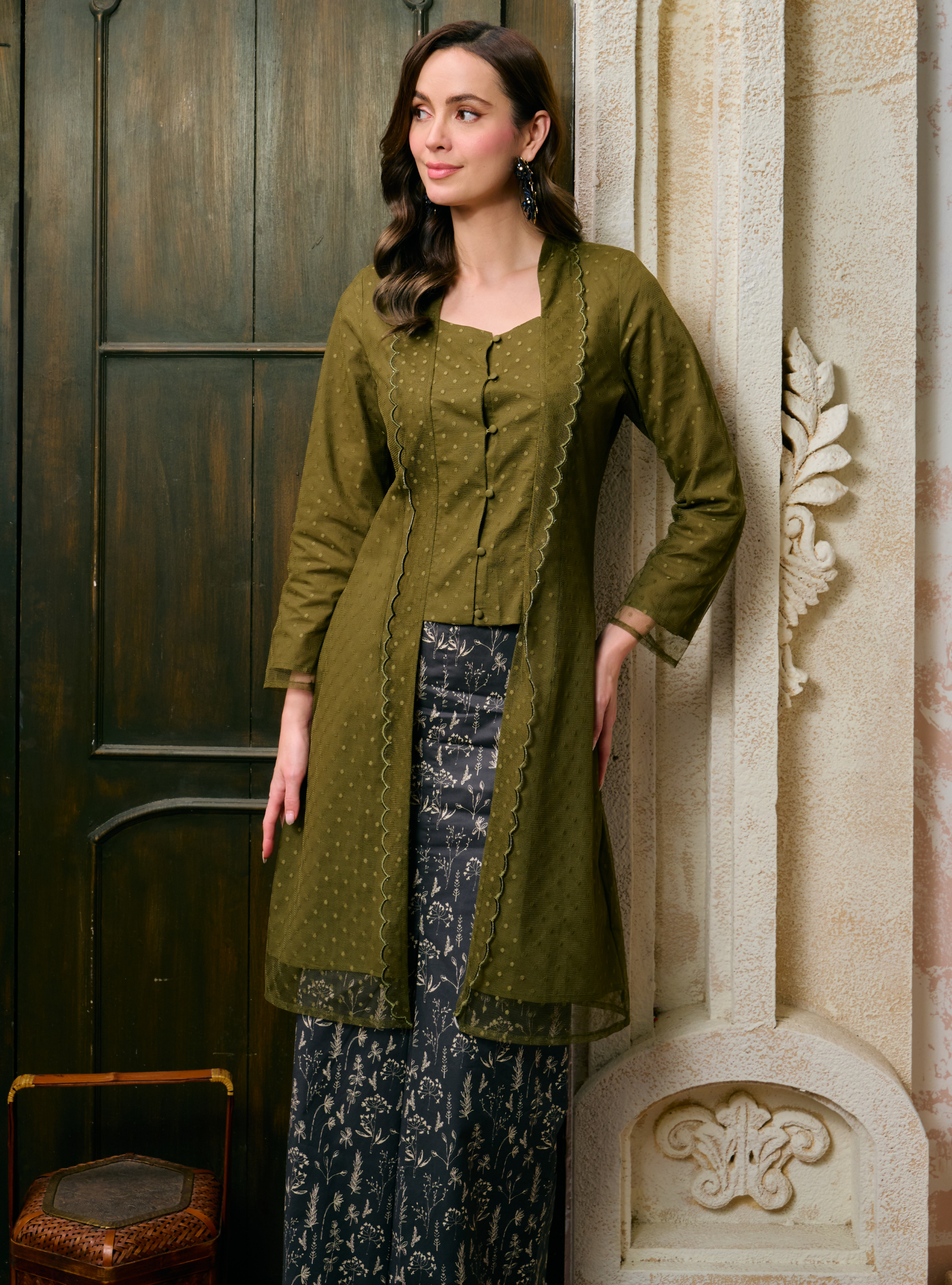 Sulam Saodah Lace Kebarung Top Only - Olive