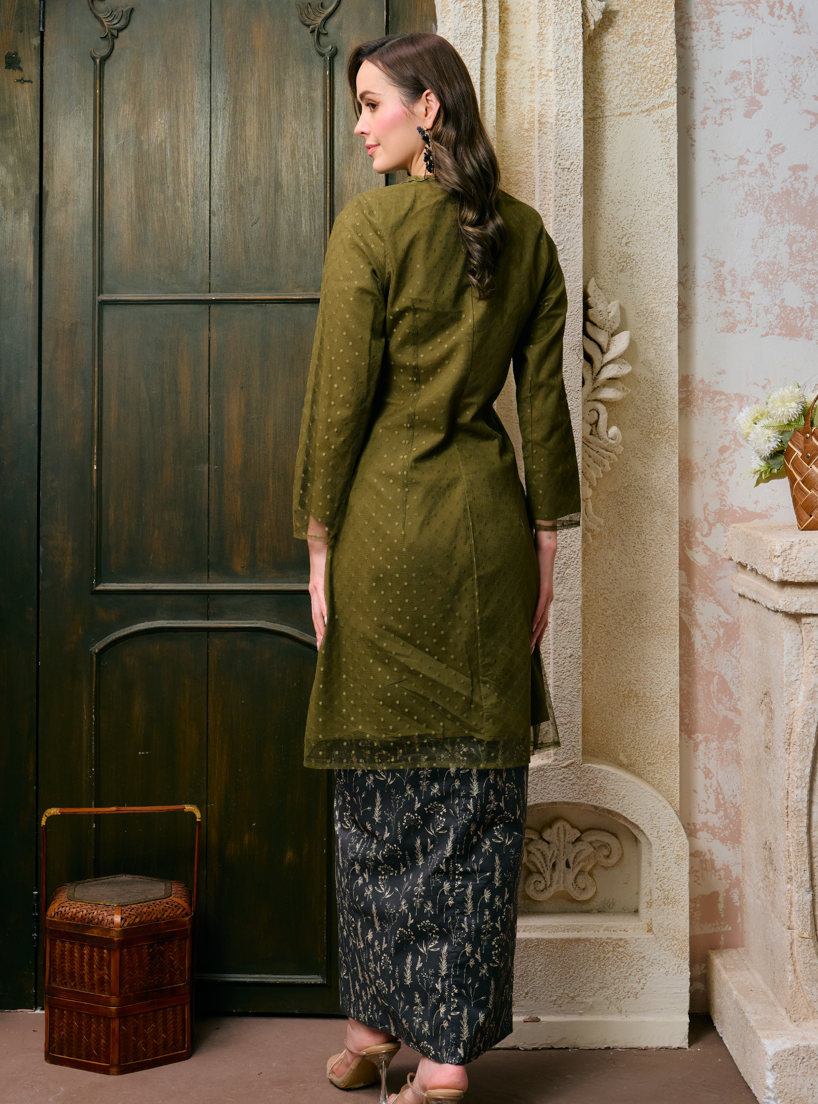 Sulam Saodah Lace Kebarung Top Only - Olive