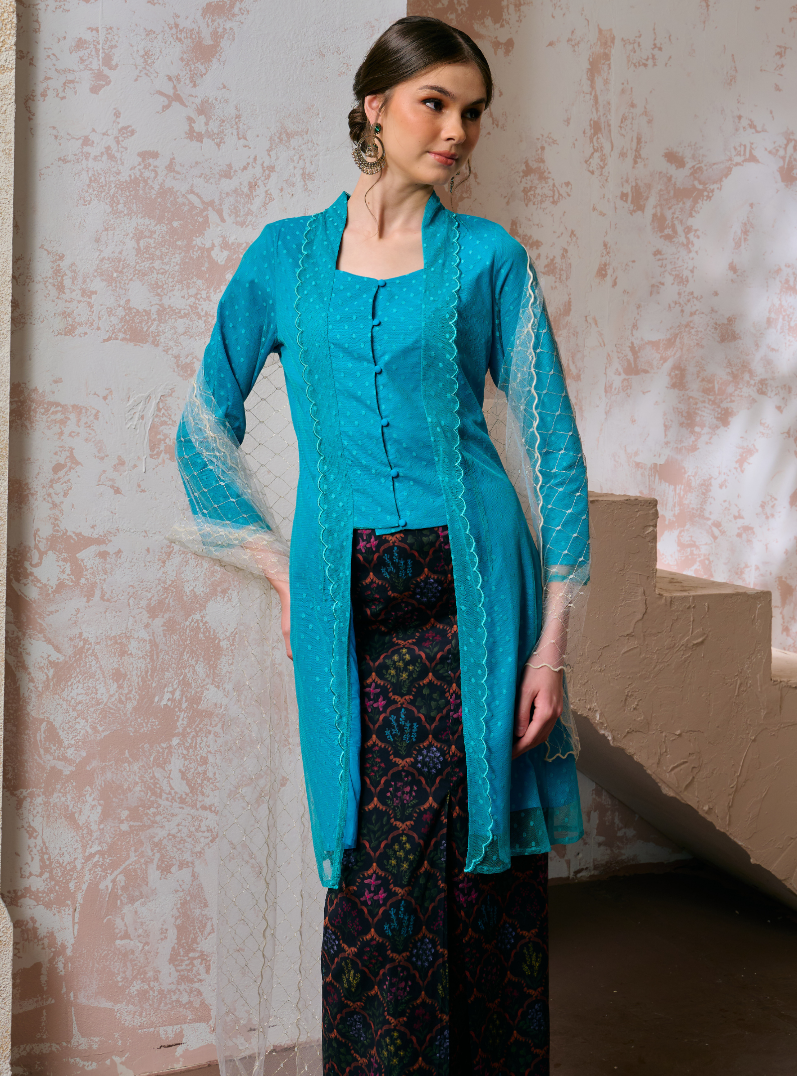 Sulam Saodah Lace Kebarung Top Only - Baby Teal