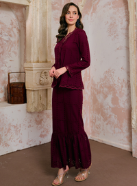 Sulam Salmah Eyelet Kebaya Kurung - Burgundy