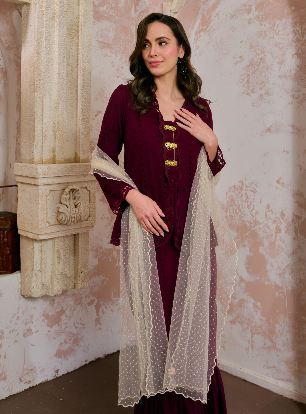 Sulam Salmah Eyelet Kebaya Kurung - Burgundy