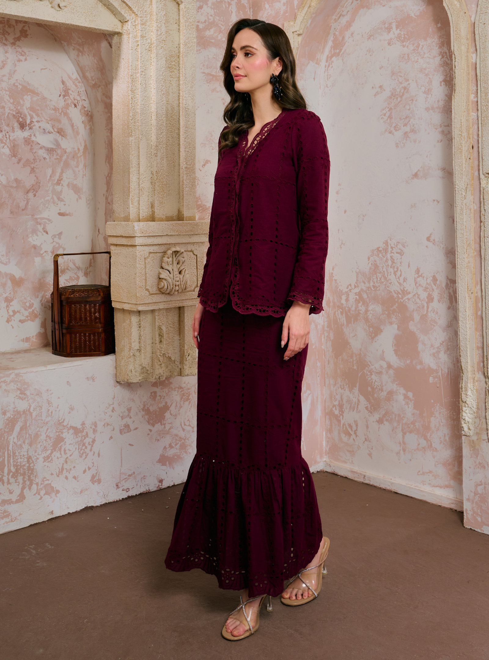 Sulam Salmah Eyelet Kebaya Kurung - Burgundy