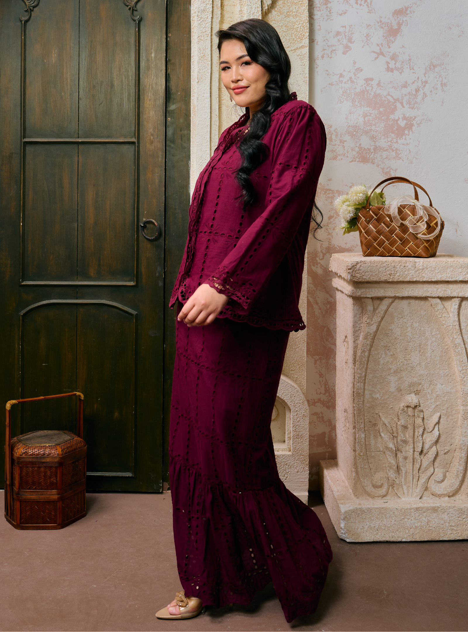 Sulam Salmah Eyelet Kebaya Kurung - Burgundy