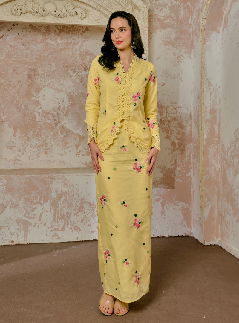 Manis Kaisara Embroidered Kebaya Kurung - Butter Yellow