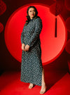 A woman dressed in Navy Daisy Yun Jie Cheongsam Dress