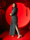 A woman dressed in Navy Daisy Yun Jie Cheongsam Dress