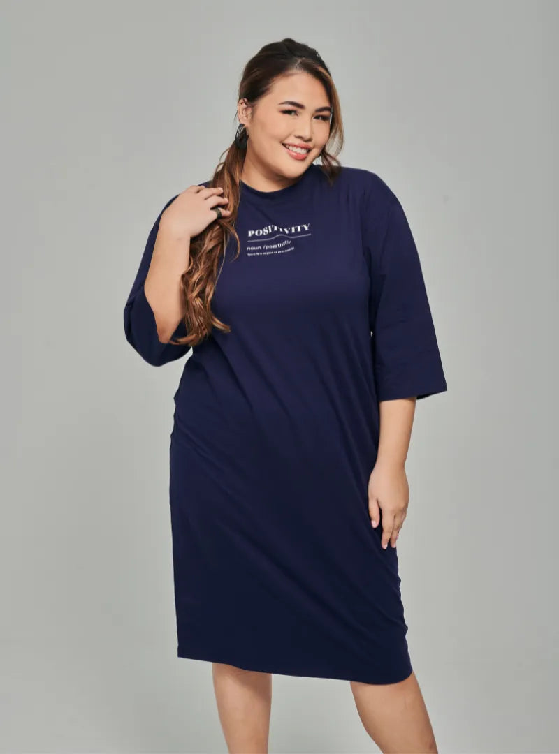 A woman dressed in Navy Smooth Cotton T-Shirt Dress