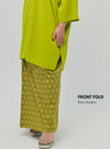A woman dressed in Neon Songket Front Fold Songket Skirt