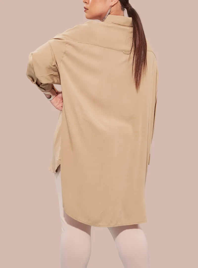 A woman dressed in Nude Dropped Shoulder Basic Shirt