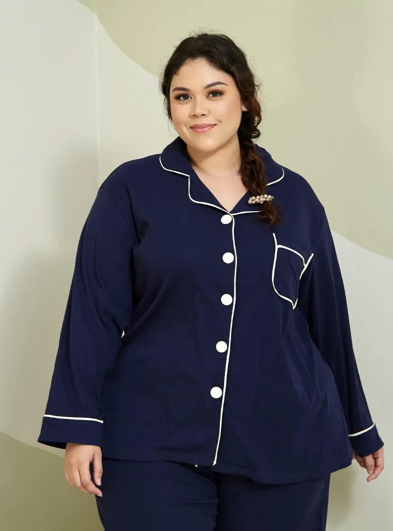 A woman dressed in Dark Blue Premium Cotton Pyjamas