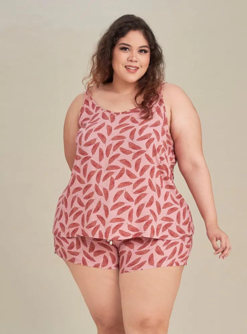A woman wearing Pink Leaves Printed Rayon Spaghetti Short