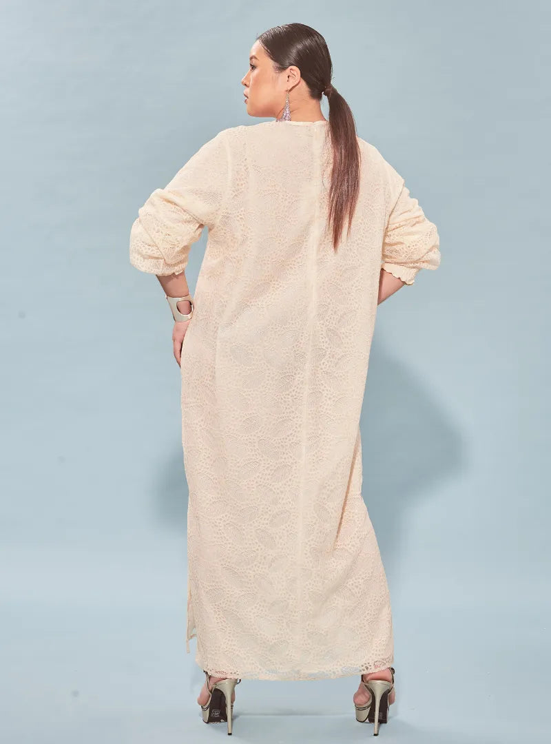 A woman dressed in Rice High Slit Long Lace Dress